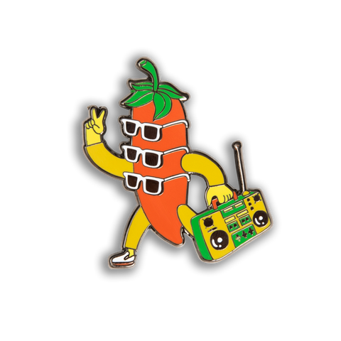 PepperDude wears three pairs of sunglasses at a time because he's so hot. He's also chill and always keeps his boombox around. This enamel pin is made of metal and colored enamel.